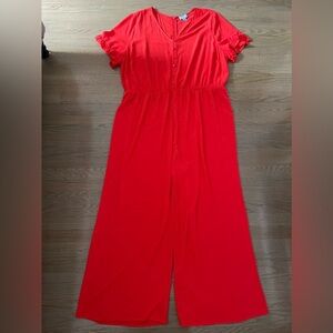 CeCe Red Short Sleeve Jumpsuit Belted Ruffle Sleeve Wide Leg Jumpsuit Size 24W